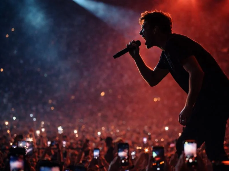 A singer performing on stage in a large arena, crowd of fans with phones raised in the dark