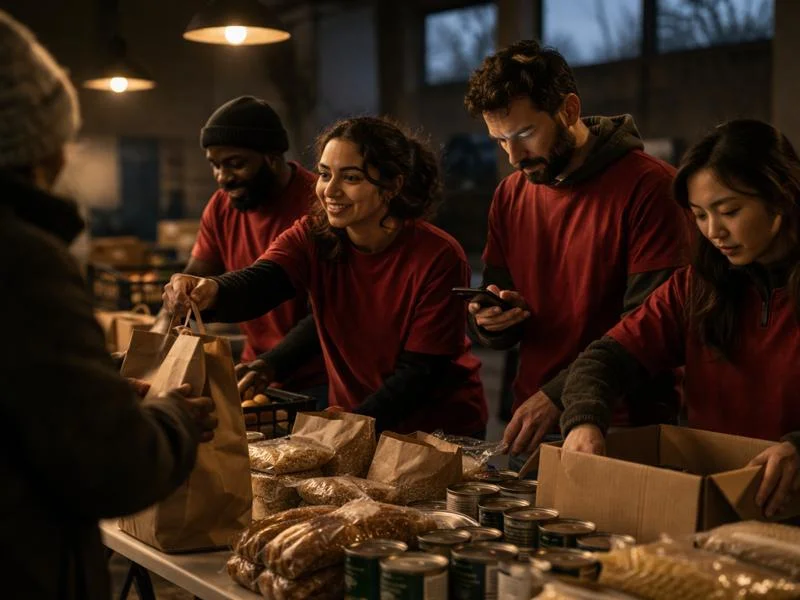 Volunteers in red t-shirts distributing food packages at a food bank